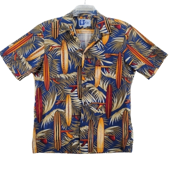 Vtg RJC Hawaiian Shirt Men M Colorful Surfboards AOP Cotton Lawn Resortwear USA - Picture 1 of 11